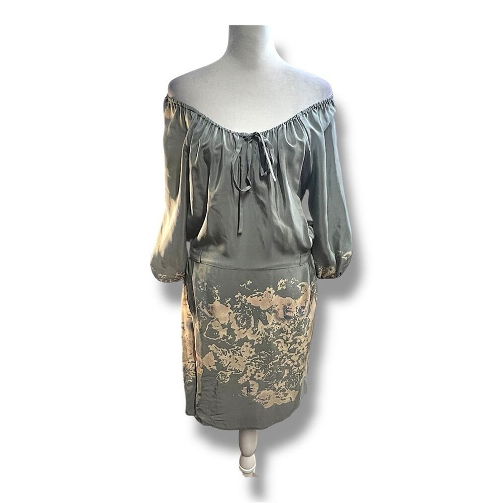 PETTICOAT ALLEY Silk Dress on/off shoulder gray & beige abstract print dress SM